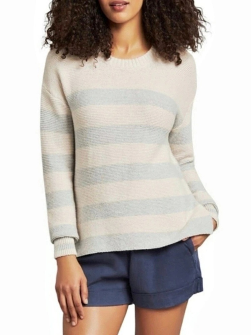 Faherty Striped Cotton Sweater in Cream & Blue Size Medium (B8)